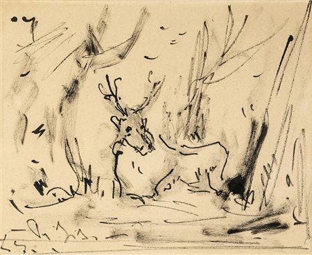 FILIPPO DE PISIS Cervo nel bosco, 1947 China su carta, 21 x 26 cm Firma e...
