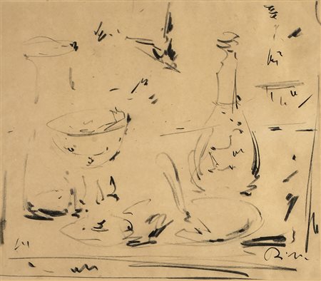 FILIPPO DE PISIS Natura morta con bottiglia Inchiostro su carta, 27 x 30 cm...