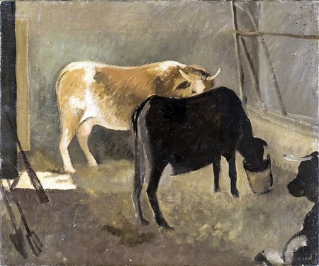 CARLO LEVI Tori nella stalla, 1927 circa Olio su tela, 38 x 46 cm Firma in...