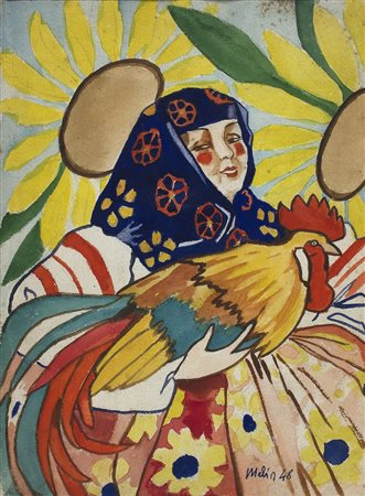 MELKIORRE MELIS Contadina sarda con gallo, 1948 Olio su carta, 26,5 x 21 cm...