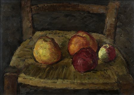 NINO BERTOLETTI Natura morta su sedia Olio su tela applicata su tavoletta, 36...