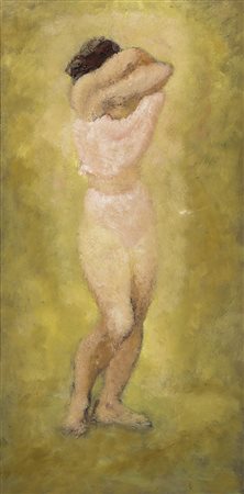NINO BERTOLETTI Figura femminile che si spoglia Olio su carta applicata su...