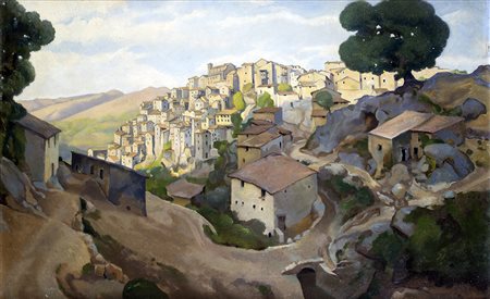 RANIERO AURELI Veduta di Anticoli Corrado, 1928 Olio su tavoletta, 38,5 x 60...