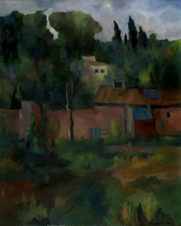 GIOVANNI OMICCIOLI PAESAGGIO NOTTURNO CON CASE ED ALBERI, 1944 OLIO SU...