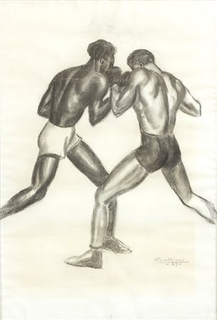 GIACOMO GABBIANI Pugilatori, 1929 Carboncino su carta, 100 x 70 cm Firma e...