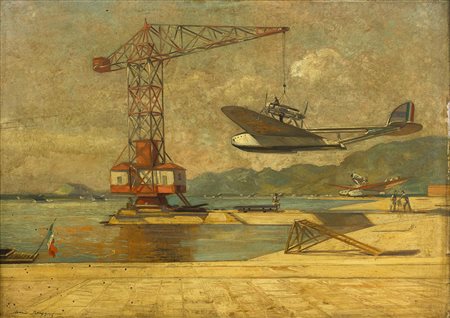 MARIO BROGGI Idroscalo di Orbetello, 1933 - Italo Balbo alla gru Olio su...