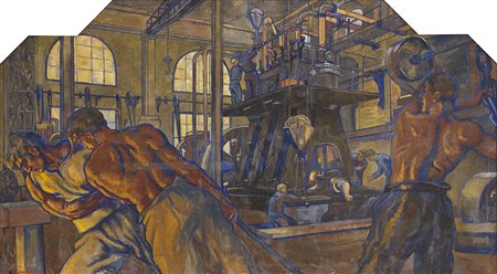 GIANNINO LAMBERTINI La Fabbrica Tempera su tela, 167 x 300 cm Firma in basso...