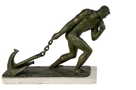 JAUME MARTUS Il Marinaio Scultura in bronzo su base in travertino, 39,5 x 50...