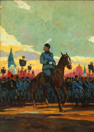 RENATO NATALI Il duce a cavallo Olio su tavola, 69,5 x 50 cm Firma in basso a...