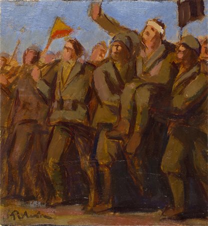 PIERO TESTA SOLDATO TRASPORTATO Olio su tavoletta, 20 x 18,5 cm Firma in...