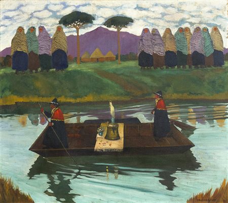 EDOARDO DEL NERI PROCESSIONE lungo il fiume, 1919 Olio su tela, 93 x 106 cm...