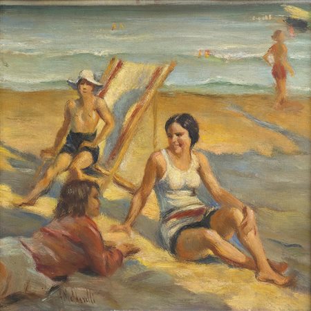 GIUSEPPE MALDARELLI Vita di Spiaggia Olio su tavola, 65 x 65 cm Firma in...