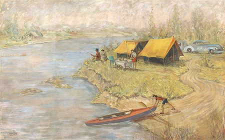 CESARE ANDREONI Campeggio (Accampamento tende Ettore Moretti) Olio su tela,...