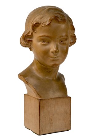 HENRI BARGAS Volto di bambina Scultura in ceramica, h 37 cm Firma al centro a...