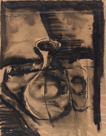 LUIGI SPAZZAPAN Natura morta con bottiglia e bicchiere Tecnica mista su...