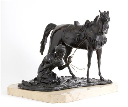 GIUSEPPE FERRARI L’ora della preghiera Gruppo in bronzo, 28 x 28 x 33 cm...