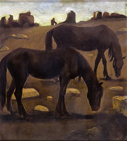 DUILIO CAMBELLOTTI Cavalli al pascolo tra le rovine, 1930 Tempera su...