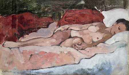 ITALO CREMONA NUDO SDRAIATO, 1930 OLIO SU TELA applicata su tavoletta, 30 X...