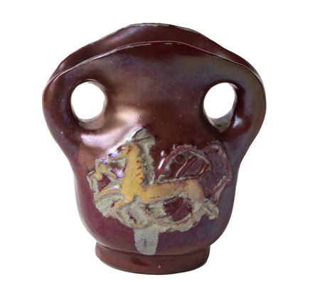 PIETRO MELANDRI Vasetto biansato con figure di cerbiatto in rilievo, Anni ‘40...