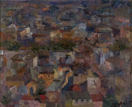 MARIO MAFAI Paesaggio con case, 1952 Olio su tela, 40 x 50 cm Firma e data in...