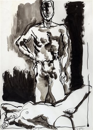 RENATO GUTTUSO Nudi, 1958 China e acquarello su carta, 50 x 36 cm circa Firma...