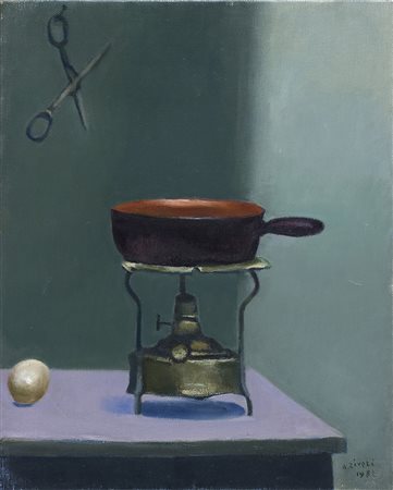 ALBERTO ZIVERI Natura morta con fornello, 1992 Olio su tela, 50 x 40 cm Firma...