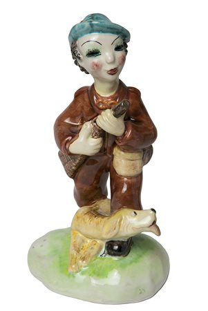 ZACCAGNINI - ANZENGRUBER Cacciatore con cane, Anni ‘30 Scultura in maiolica...