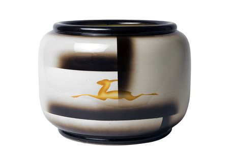 GALVANI - PORDENONE Chace-pot con figura di daino, Anni ‘30 Ceramica dipinta...
