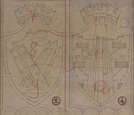 FORTUNATO DEPERO Stemmi Italici, 1940-41 Matita e china su carta applicata su...