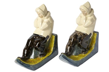 MINGHETTI - BOLOGNA Coppia di fermalibri a forma di sciatori, Anni ‘30...