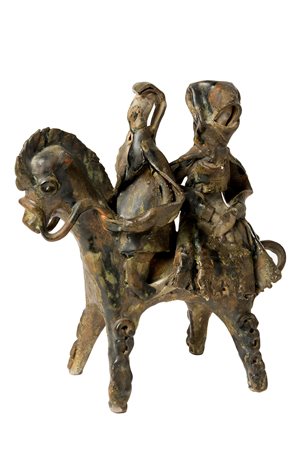 EMILIA PALOMBA Coppia di sardi su asinello Scultura in ceramica dipinta, h 19...