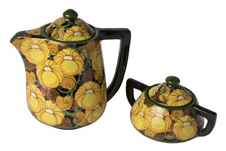 BASSANELLI - ROMA Teiera e zuccheriera decorate a motivi floreali, Anni ‘20...