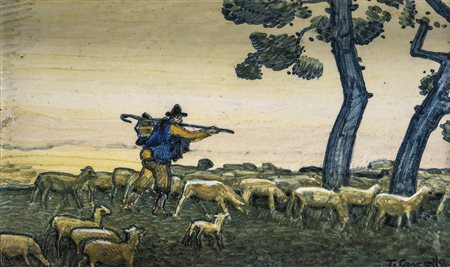 TOMMASO CASCELLA Pastore con gregge Mattonella in ceramica dipinta, 10,5 x...