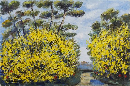 Michele Cascella (Ortona 1892 - Milano 1989) &quot;Ginestre&quot; olio su...