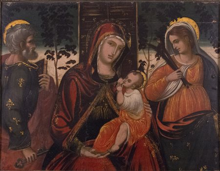 SCUOLA FRANCESE, XVII secolo. Madonna con il Bambino e due Santi Bronzo...