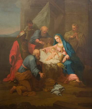 SCUOLA FRANCESE, XVIII secolo. Adorazione dei Magi Olio su tela, cm 166 x 142