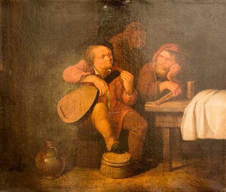 SCUOLA OLANDESE, XVII secolo. Coppia di musici in un interno Olio su tela, cm...