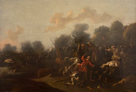 SCUOLA OLANDESE, XVII secolo. Scena di battaglia Olio su tavola, cm 57 x 83