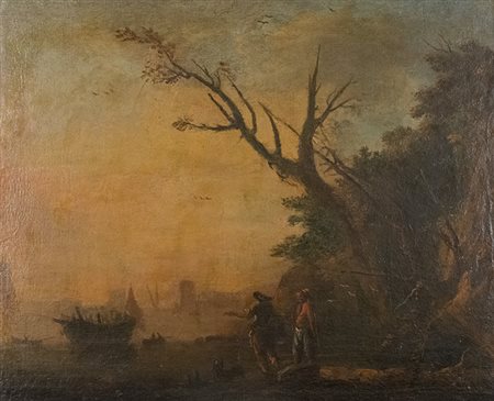 SCUOLA OLANDESE, XVII secolo. Coppia di vedute costiere con porti Olio su...