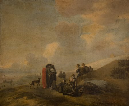 SCUOLA OLANDESE, XVII SECOLO. Paesaggio con figure Olio su tela, cm 43 x 52.