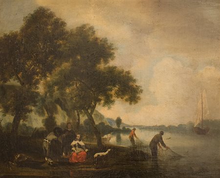 SCUOLA OLANDESE, XVII SECOLO. Paesaggio lacustre Olio su tela, cm 41 x 50