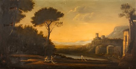 SCUOLA OLANDESE, XIX secolo. Paesaggio con figure Olio su tela, cm 60 x 120.