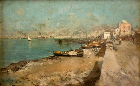 Oscar Ricciardi (Napoli 1964-1935) Spiaggia napoletana Olio su tavola, cm 18...