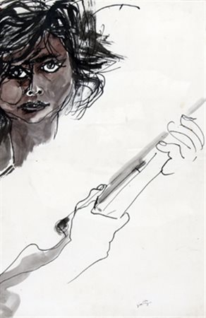 GUTTUSO RENATO (Bagheria 1912 - Roma 1987) "Donna con fucile" 1988 Acquerello...