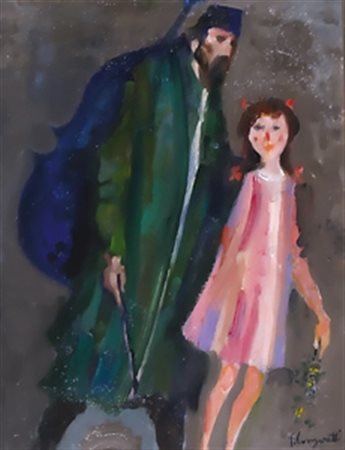 LONGARETTI TRENTO (Treviglio 1916) "Musicante in verde e bambina rosa" Olio...