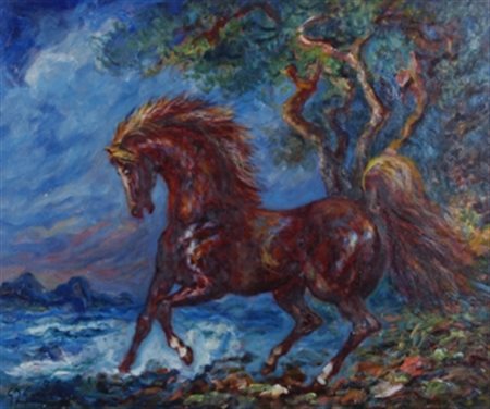 GONZAGA GIOVANFRANCESCO (Milano 1921 - Milano 2007) "Corsaro al guado" Olio...