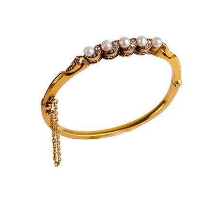 Bracciale rigido anni 30 con perle e diamanti . Oro 18 Kti. gr. 23,40
