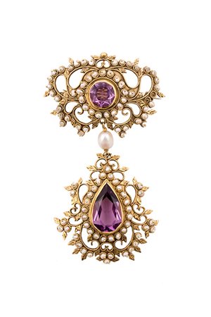 Spilla ciondolo con ametiste e perle . Oro 18 Kti. Anni 90 gr. 20,80