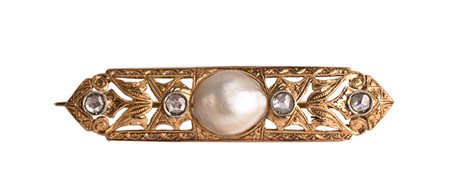Spilla con perla anni 30. Oro 18 Kti. Peso complessivo gr. 6,50