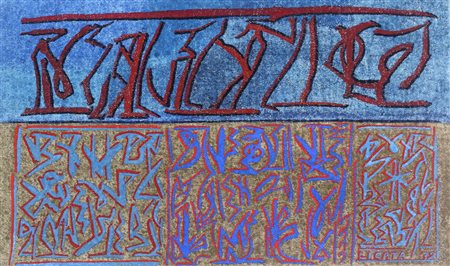 Riccardo Licata, Composizione, 1972, olio su tela grezza, cm. 35x56, firmato...